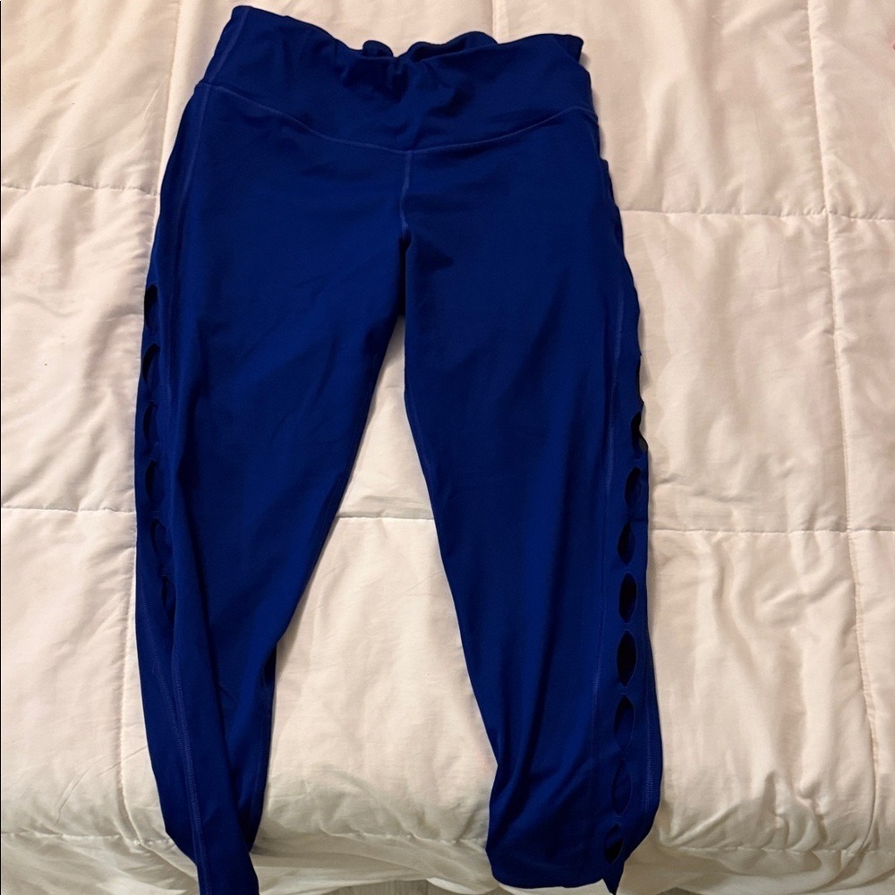 Victoria Sport Knockout Tight Leggings Blue Laser Cut Lattice High Rise XL
